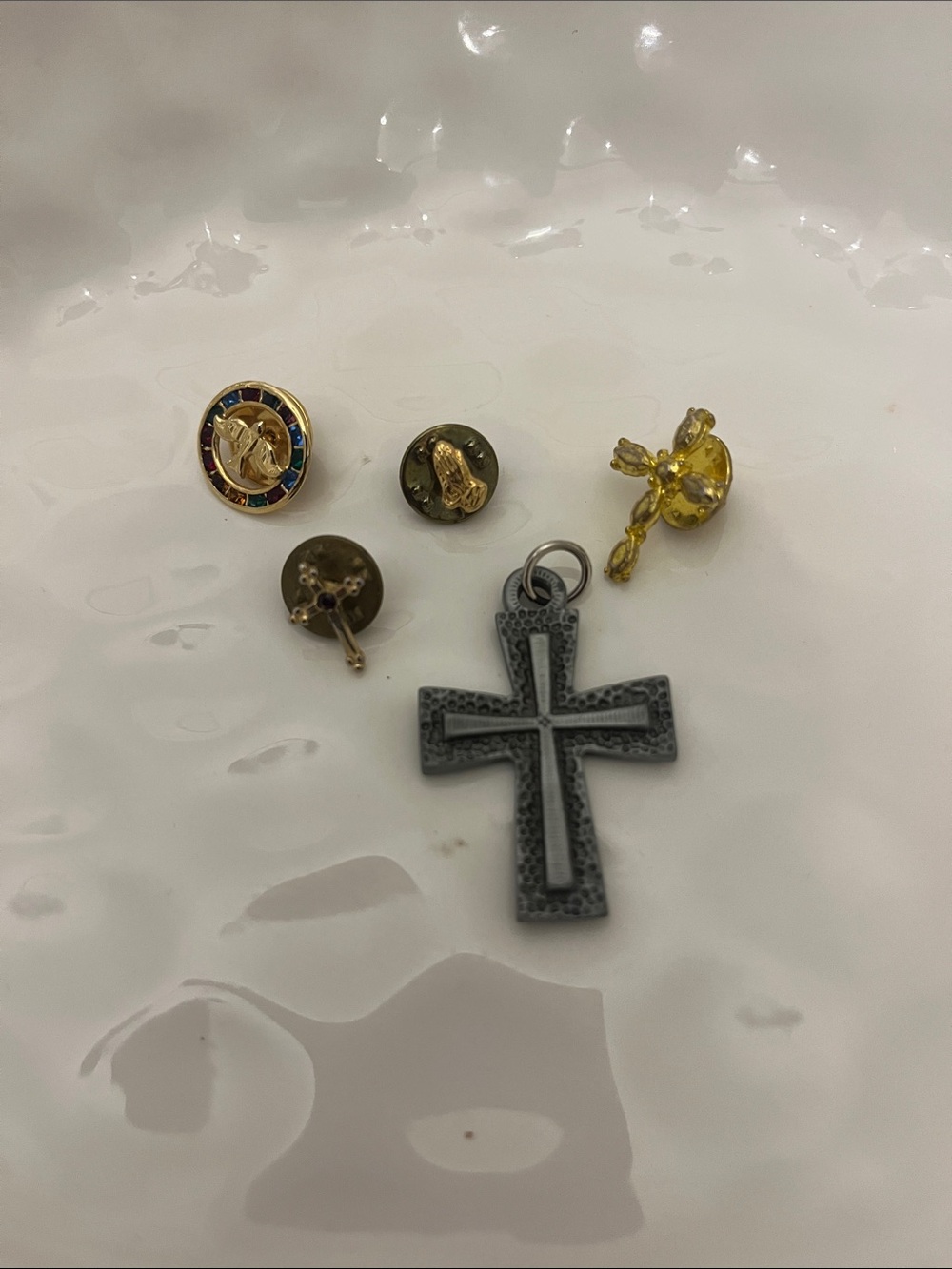 Hammered Metal Cross Pendant with Gold Tone Pins
